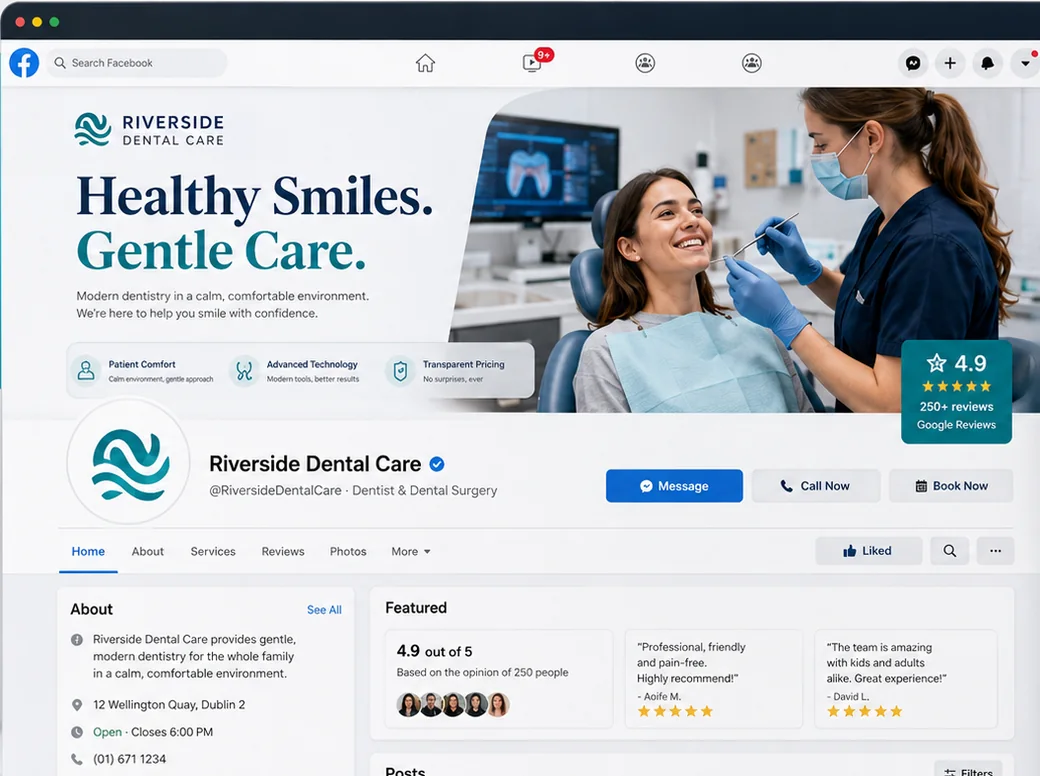 Sample Facebook page for a dental practice, matching its website