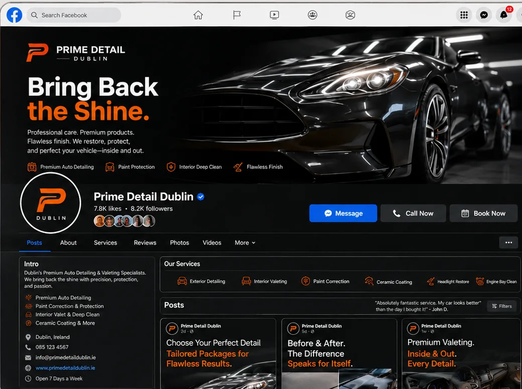 Sample Facebook page for a car detailing business, matching its website