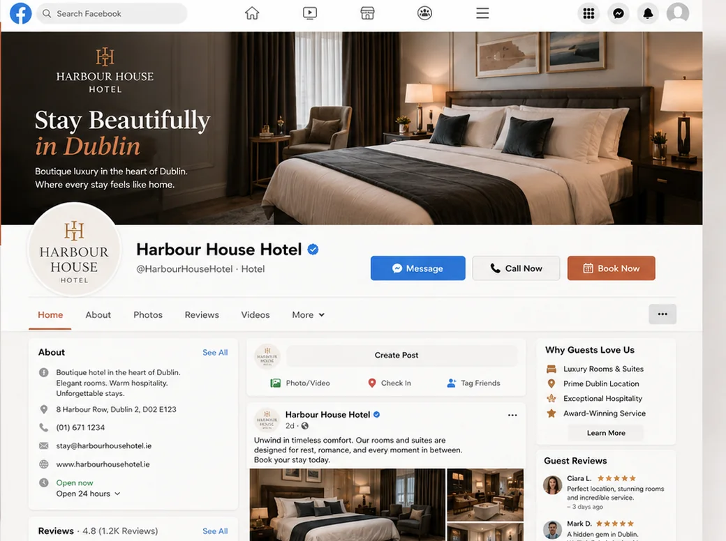 Sample Facebook page for a hotel, matching its website